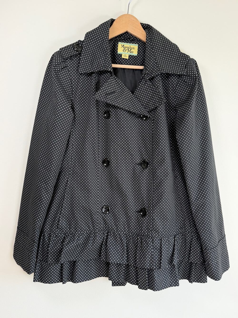 Maralyn & Me Rain Jacket Polka Dot Ruffle Hem Black White Size XL Peplum Coat